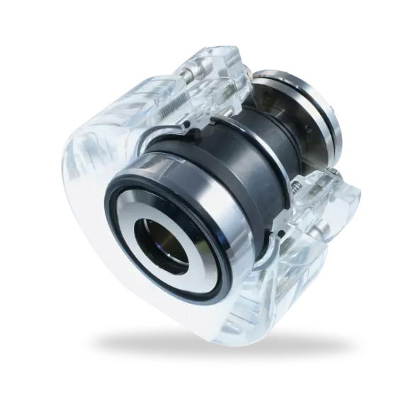 Mechanische Gleitringdichtung als transparente Schnittdarstellung zur Visualisierung von Aufbau, Funktion und Dichtungstechnologie für industrielle Anwendungen.