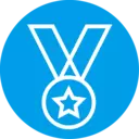 Blue circular icon with a white medal and star symbol representing award, quality, and certified performance.
