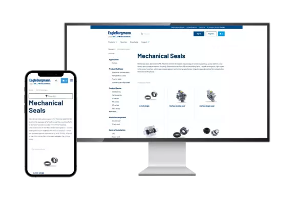 Display of the EagleBurgmann mechanical seal website on smartphone and desktop, showcasing a clear product overview and responsive design.