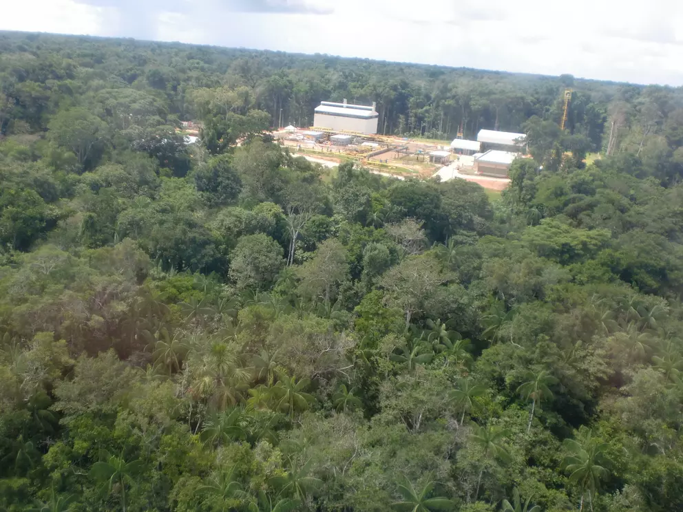 An aerial photo showing an industrial facility—a few low-slung, light-colored buildings with associated pipes and equipment—situated in a clearing within a vast, dense green forest.