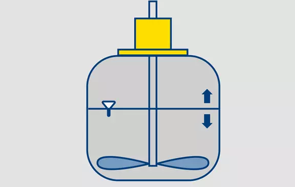 Technical diagram of an agitator vessel with central shaft and mixing blades.
