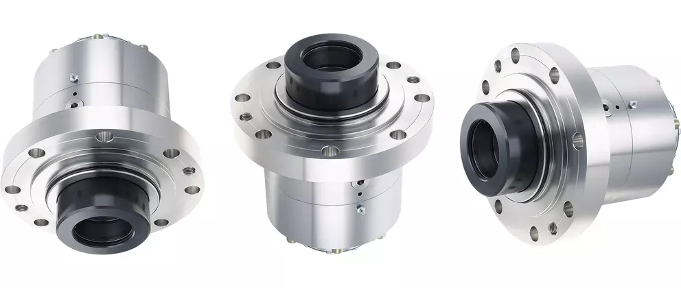 Industrial mechanical seal shown from multiple angles with flanged metal housing for reliable sealing in rotating equipment and pump systems.