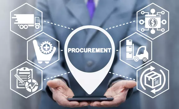 Digital illustration of a business professional holding a tablet with “Procurement” and supply chain icons, symbolizing efficient purchasing, logistics, and supplier management processes.
