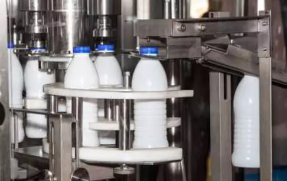 Automated bottle filling line in a food and beverage plant, showing high-speed packaging and hygienic production processes.