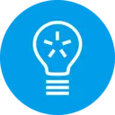 Blue circular icon with a white light bulb symbol representing ideas, innovation, and smart solutions.