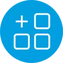 Blaues Dashboard-Layout-Symbol mit vier weißen Kacheln und Pluszeichen für App-Menü, Rasteransicht oder Benutzeroberflächenanpassung.