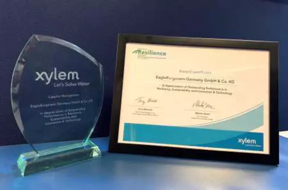 **Xylem award trophy and framed certificate recognizing EagleBurgmann Germany for supplier performance.**
