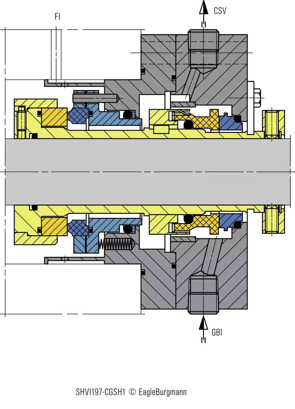 A cross-section engineering diagram of a mechanical seal. The diagram shows the internal components, including springs, bearings, and sealing rings, in different colors (gray, yellow, and blue) to illustrate their assembly around a central rotating shaft.