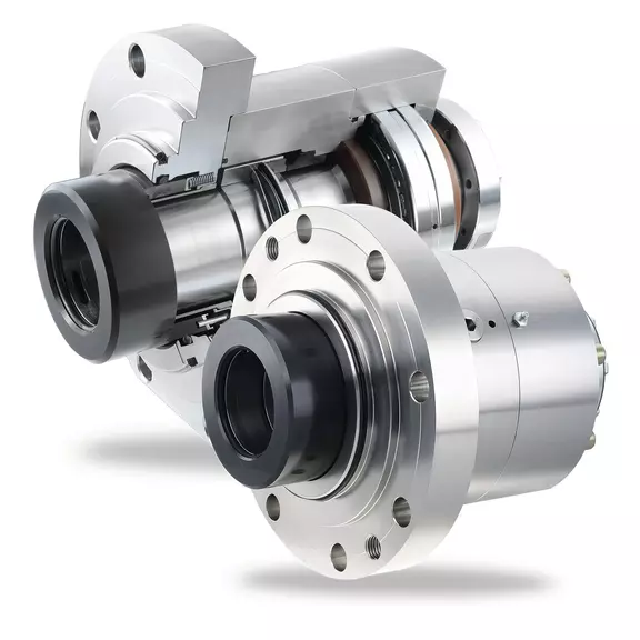 Industrial mechanical seal with flange connection and cutaway view for pumps, mixers and rotating equipment.
