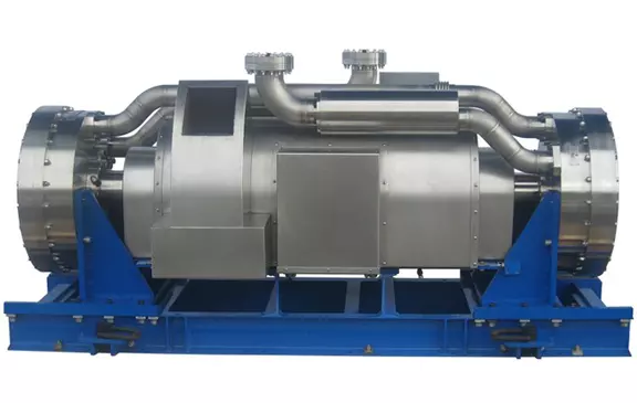 Industrial equipment module with stainless steel piping and enclosed housing mounted on a blue support frame.