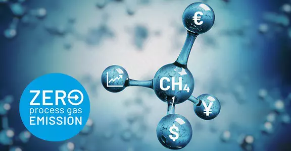 Structure of methane with icon "zero process gas emission"