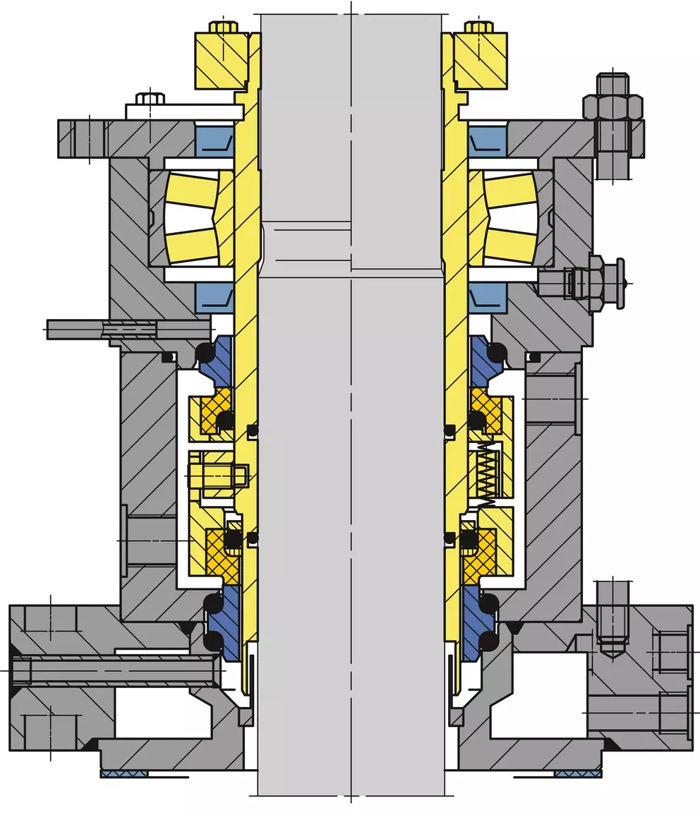 Ein detailliertes Querschnittsdiagramm einer industriellen mechanischen Baugruppe, das eine zentrale Welle (grau) zeigt, die von Lagern (gelb und weiß) getragen und durch komplexe mechanische Dichtungen (gelb und blau) innerhalb eines Gehäuses (dunkelgrau