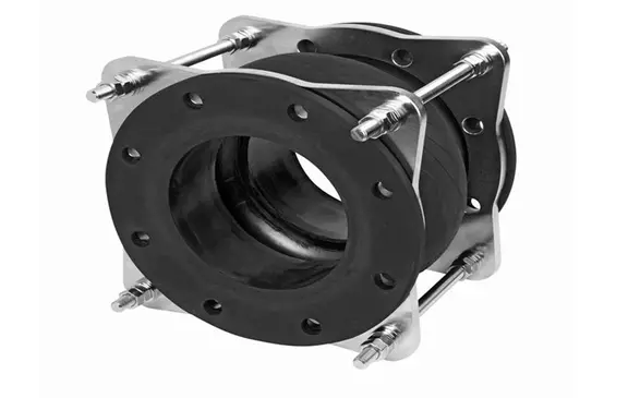 Rubber expansion joint with tie rods and flanged ends in product view for flexible industrial piping connections.