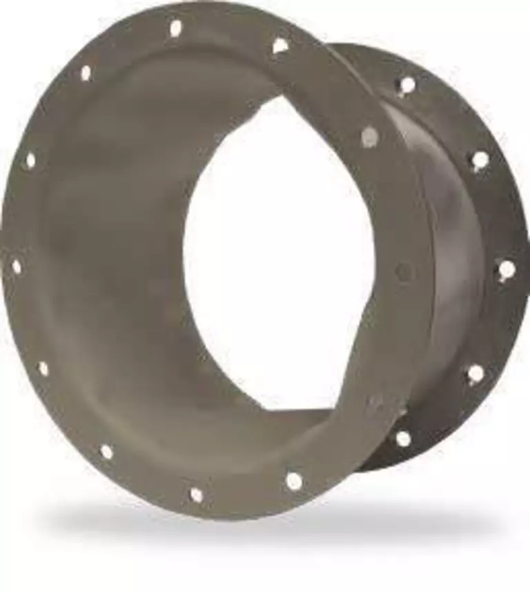 Round fabric expansion joint with flanged ends for flexible ducting, vibration isolation, and thermal expansion compensation.
