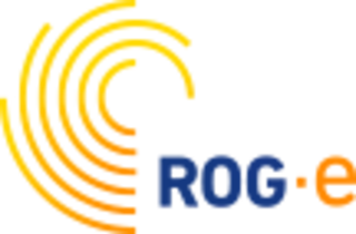 The ROG-E logo, featuring an orange and yellow curved, radial pattern on the left and the name in blue and orange on the right.