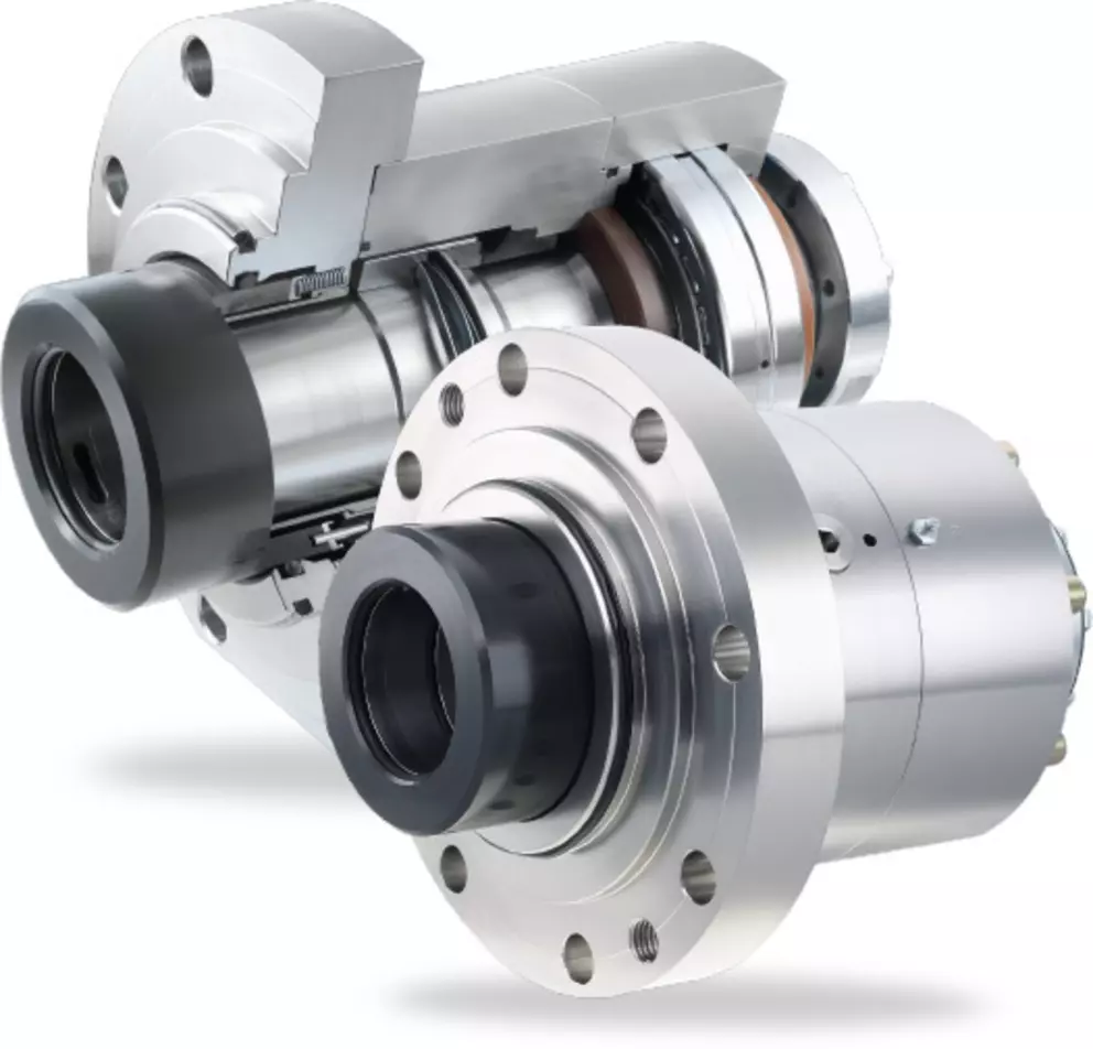 Split-view industrial mechanical seal with precision metal components for leak-resistant sealing in pumps, compressors, and rotating machinery.