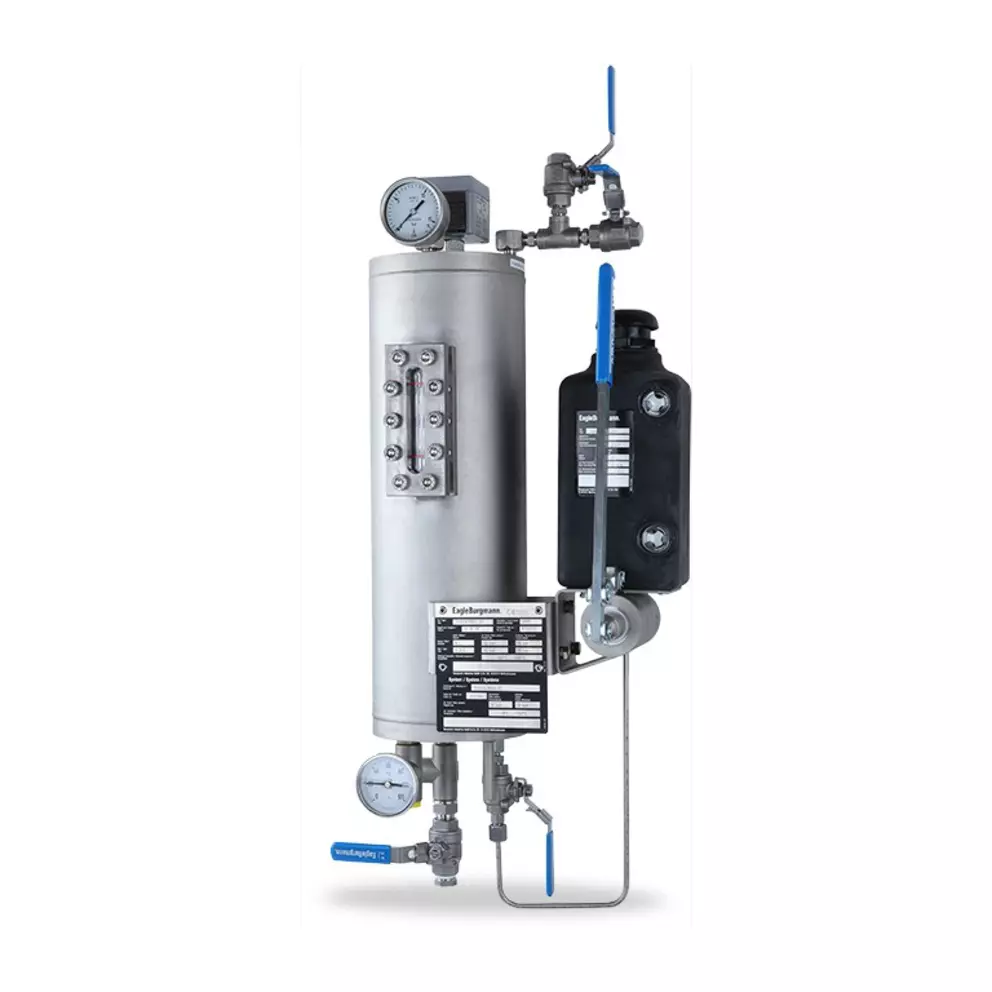 EagleBurgmann industrial support system with pressure vessel, gauges, valves, and piping, shown on a light background as a component for sealing and process applications.