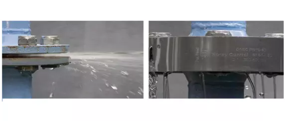 Industrial spray control system in operation, showing precision fluid distribution and stainless steel component details.