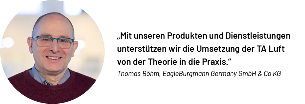 Porträt von Thomas Böhm, neben einem Zitat über die Umsetzung der TA Luft von theoretischen Anforderungen in die praktische Anwendung.