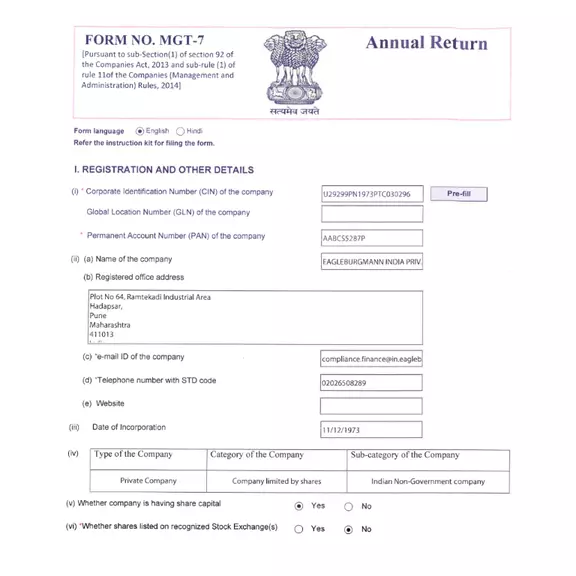 Screenshot of EagleBurgmann India’s Annual Return Form MGT-7 with company registration details.