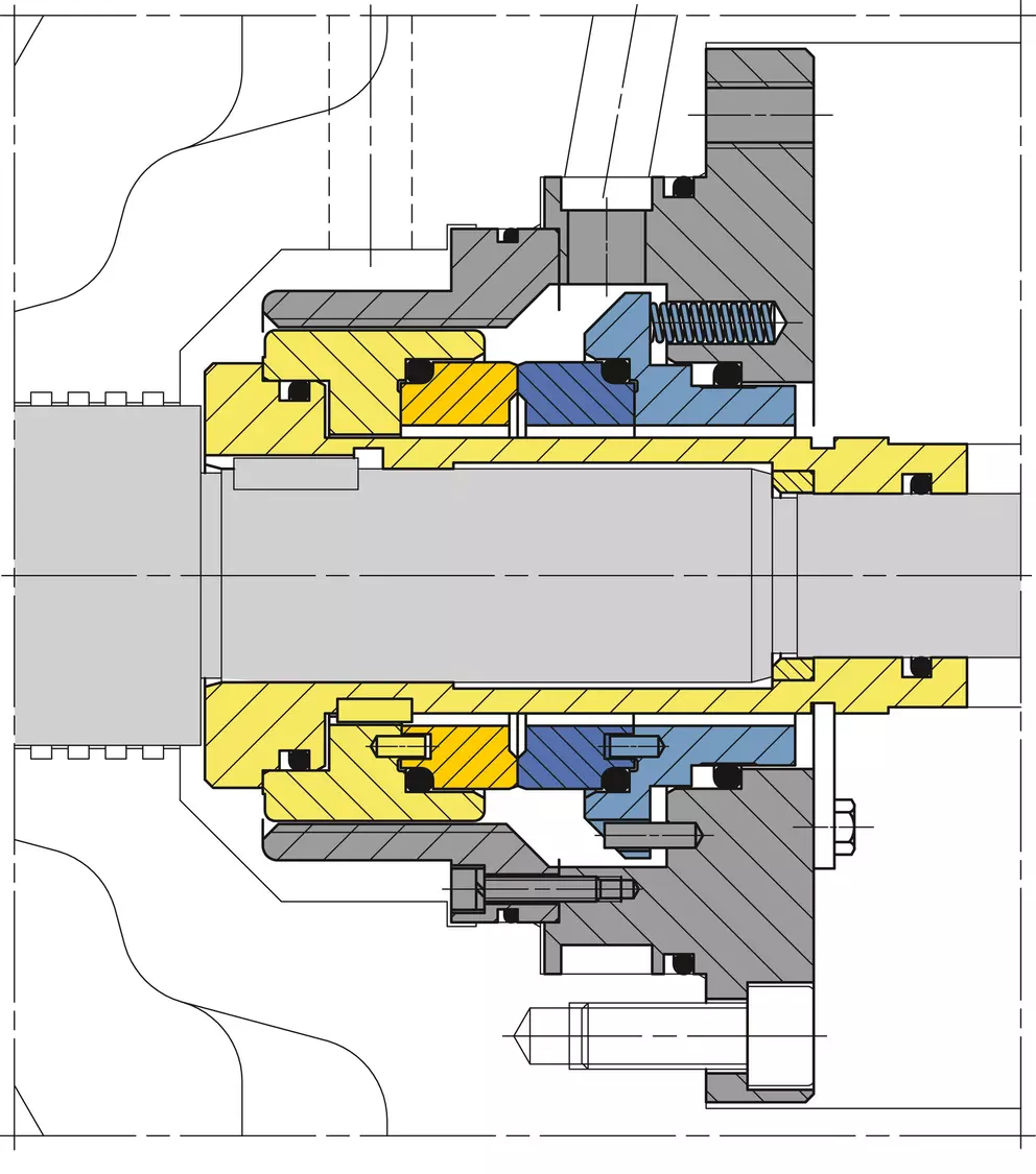 A color-coded technical cross-section diagram of a mechanical seal assembly, showing a central shaft and various sealing components in yellow and blue fitted within a dark gray housing.
