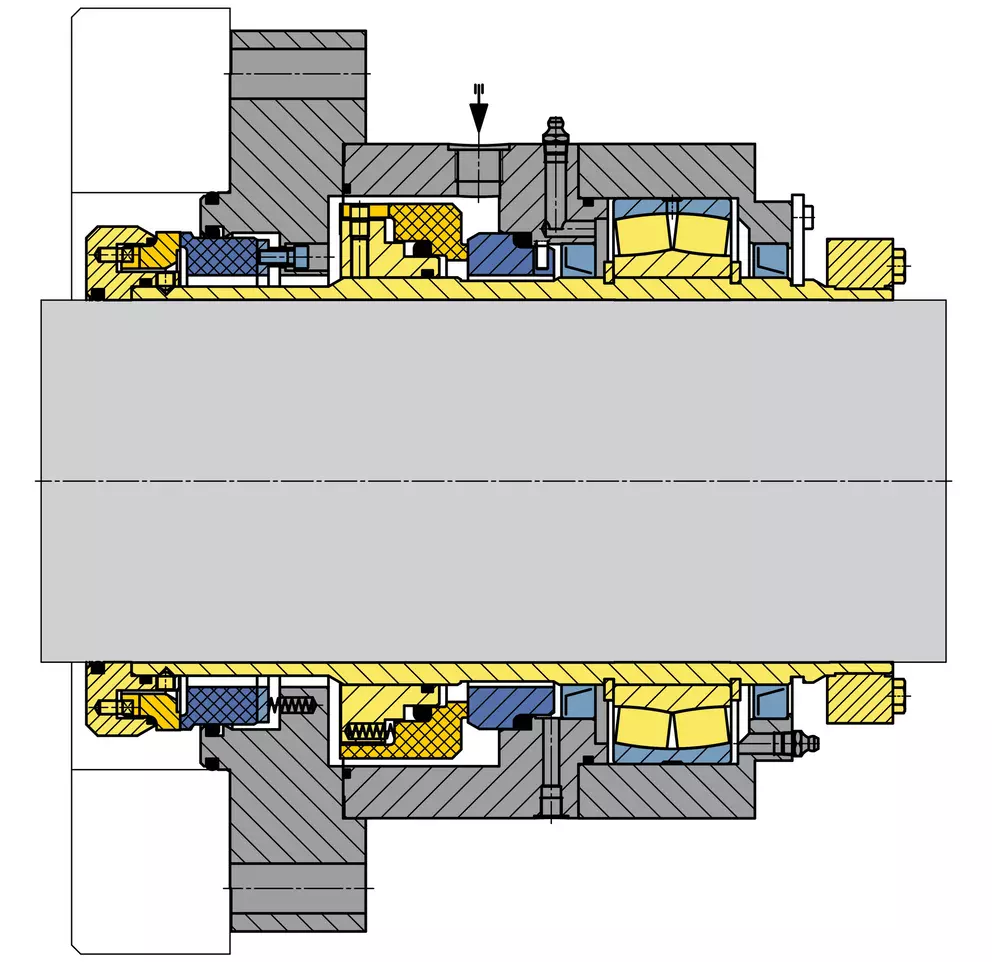 Diagrammatic cross-section of a double mechanical seal assembly (tandem or dual seal) on a rotating shaft, with components color-coded (yellow and blue) to show the arrangement of seal rings and springs.