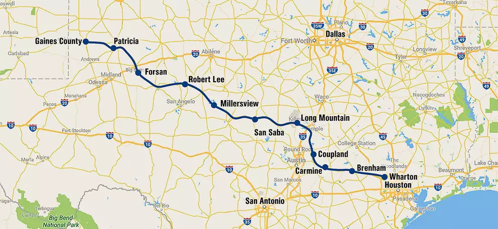 A map of a pipeline route across Texas, starting in Gaines County and ending in Houston. The route is marked with blue dots at key locations like Patricia, Forsan, Robert Lee, Millersview, San Saba, Long Mountain, Coupland, Carmine, Brenham, and Wharton.