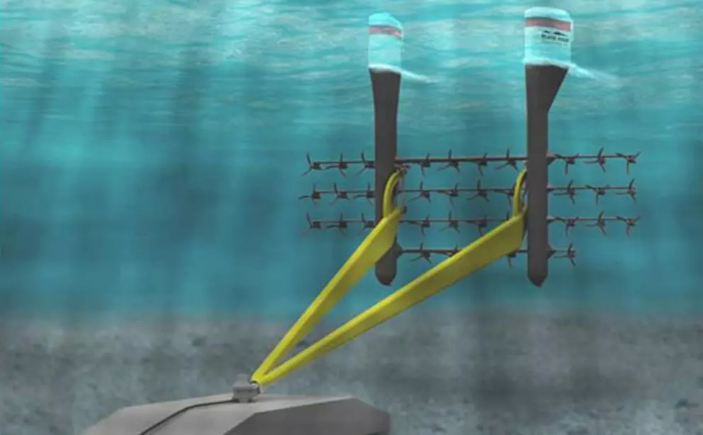 Underwater marine current turbine system anchored to the seabed.