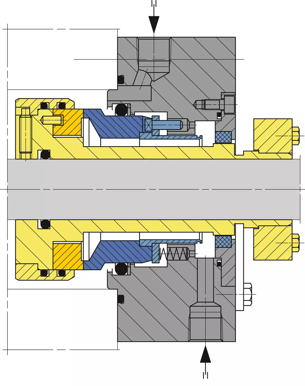 A colored cross-section diagram of an industrial mechanical seal, showing the central gray shaft, a dark gray housing, and various sealing and guiding components highlighted in yellow and blue.