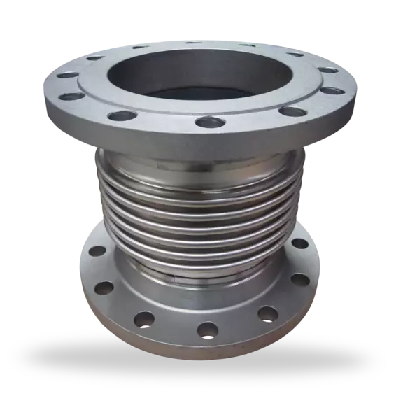 Metal expansion joint with flanged connections designed to absorb thermal expansion, pressure fluctuations, and movement in industrial piping systems.
