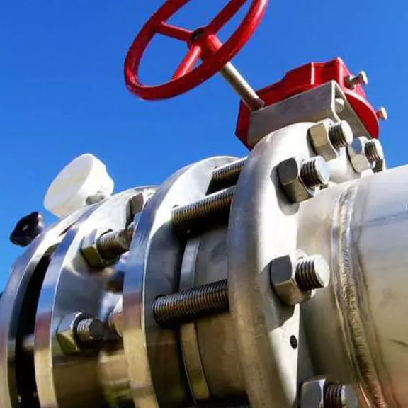 Industrial pipeline valve and bolted flange assembly in operation.