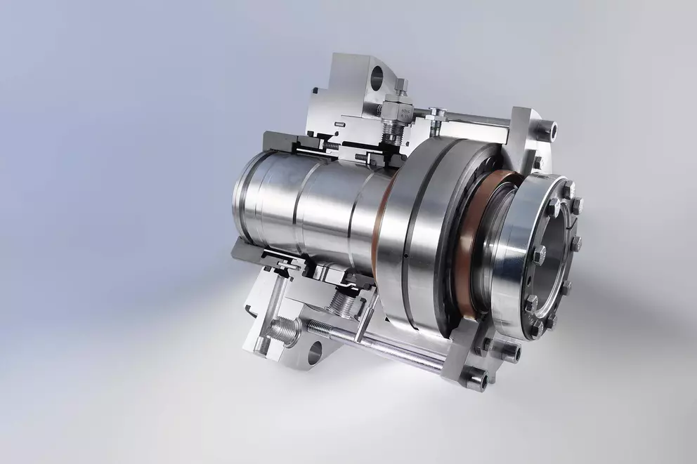 Querschnitt einer Gleitringdichtung (wahrscheinlich eine Tandem- oder Doppelgleitringdichtung) in einem Metallgehäuse.