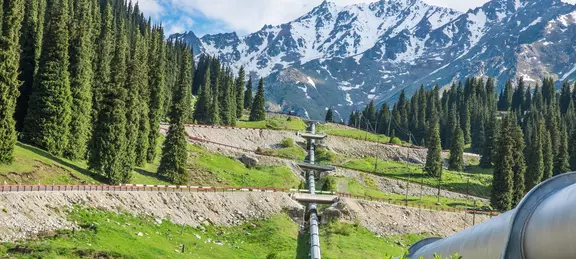 Pipeline running through a forested mountain landscape with snow-capped peaks in the background.