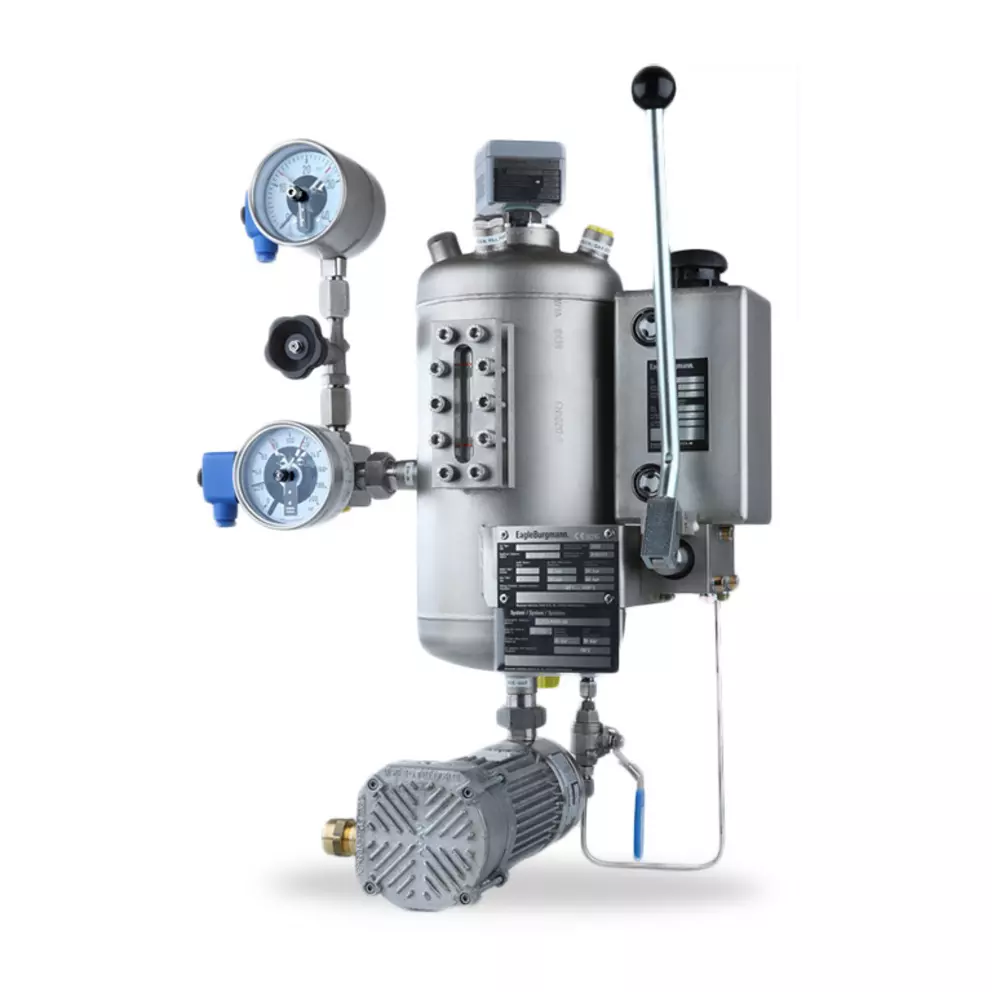 EagleBurgmann supply unit with pressure vessel, gauges, hand lever, pump, and piping, shown on a light background as an industrial component for sealing and process systems.