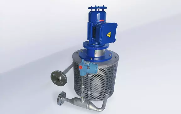 Industrial seal support unit with blue motor assembly, protective metal mesh housing, and stainless steel piping in product view.