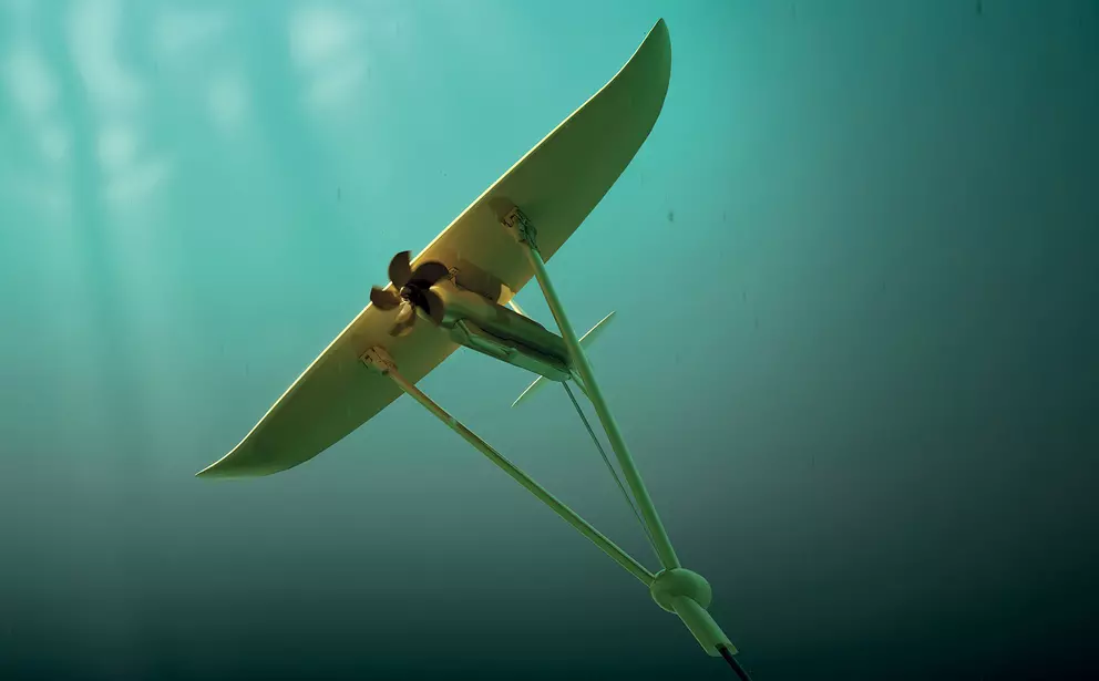 Underwater marine current turbine prototype in operation below the water surface.