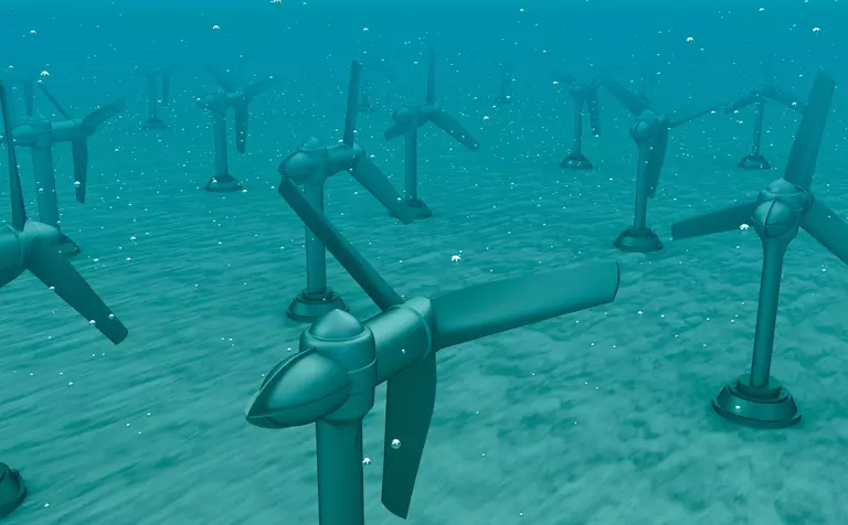 Underwater tidal turbines generating renewable energy from ocean currents, illustrating sustainable marine power technology.