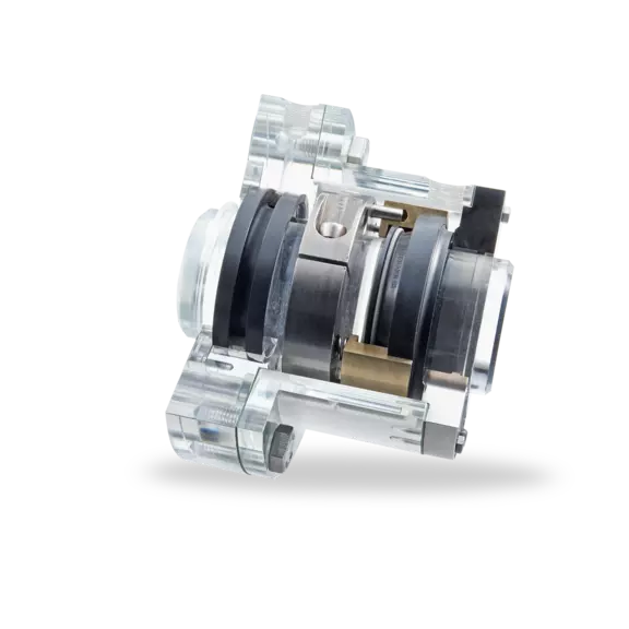 Transparent cutaway model of a dual mechanical seal illustrating its design, operating principle, and sealing technology for industrial process equipment.