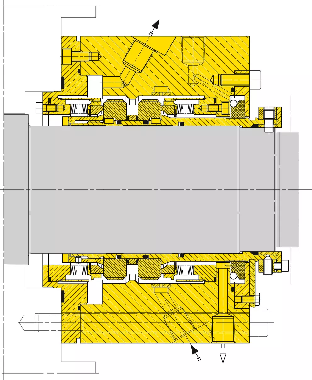 Ein Querschnittsdiagramm einer doppelten Gleitringdichtung (gelbes Gehäuse und Komponenten), die um eine graue rotierende Welle angebracht ist, mit Federn, O-Ringen und Dichtflächen, wobei Pfeile die Flüssigkeitsströmung/Kühlmittelleitungen anzeigen.