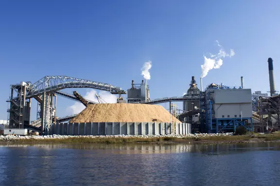 Pulp and paper mill by the water with wood chip storage and industrial processing equipment, representing demanding applications in the paper industry.