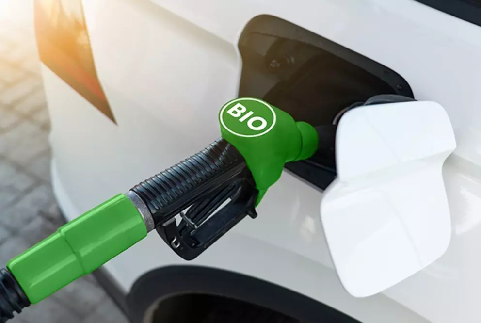Grüne Zapfpistole mit der Aufschrift „BIO“, die ein Fahrzeug betankt und erneuerbare Bioenergie symbolisiert.