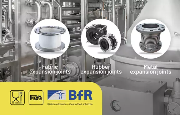 Gewebe-, Gummi- und Metallkompensatoren für industrielle Anwendungen, zertifiziert nach FDA- und BfR-Standards.