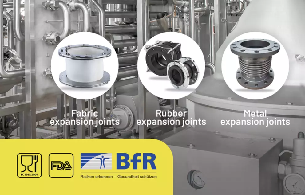 Overview of fabric, rubber, and metal expansion joints in hygienic process systems with FDA- and BfR-compliant solutions for food and pharmaceutical applications.