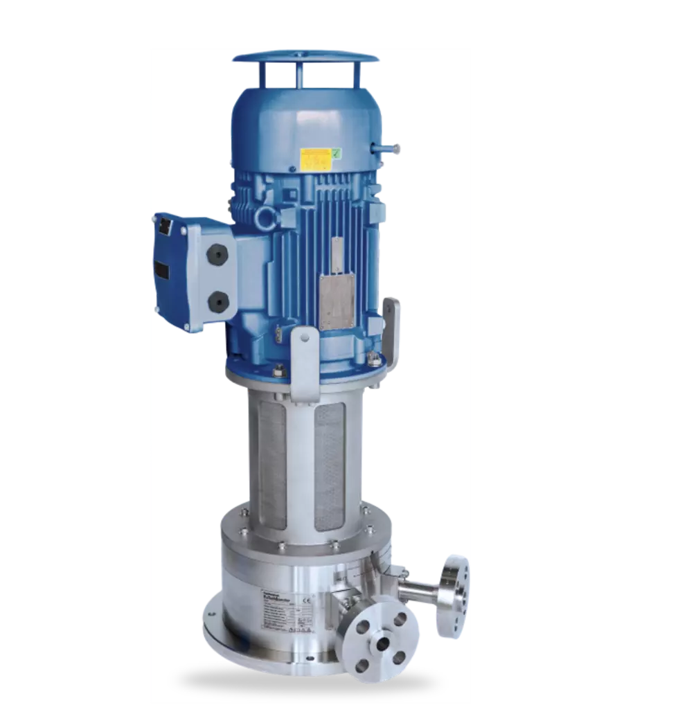 Vertical industrial pump with blue electric motor and stainless steel housing for reliable fluid handling in demanding process applications.