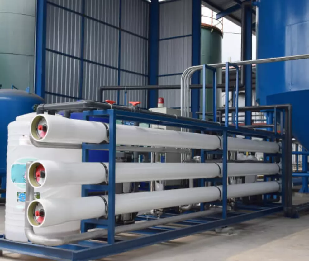 Reverse osmosis water filtration system with high-pressure membranes in an industrial facility.