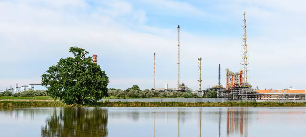 A wide panoramic view of an industrial refinery or chemical plant with multiple tall stacks and towers, set across a large body of calm water (possibly floodwater), with a single large, green tree in the left foreground.