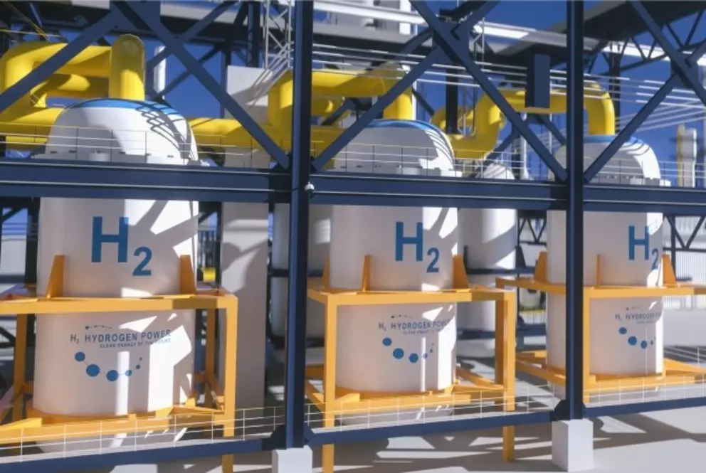 Industrielle Wasserstoffspeichertanks für die Produktion und Verteilung sauberer Energie, dargestellt innerhalb einer modernen Verarbeitungsanlage.