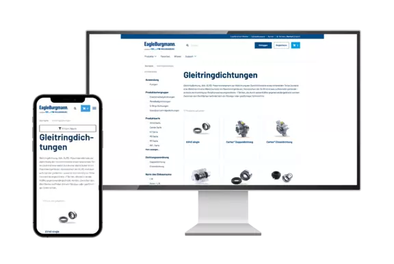 Darstellung der EagleBurgmann-Website für Gleitringdichtungen auf Smartphone und Desktop, mit übersichtlicher Produktübersicht und responsive Design.