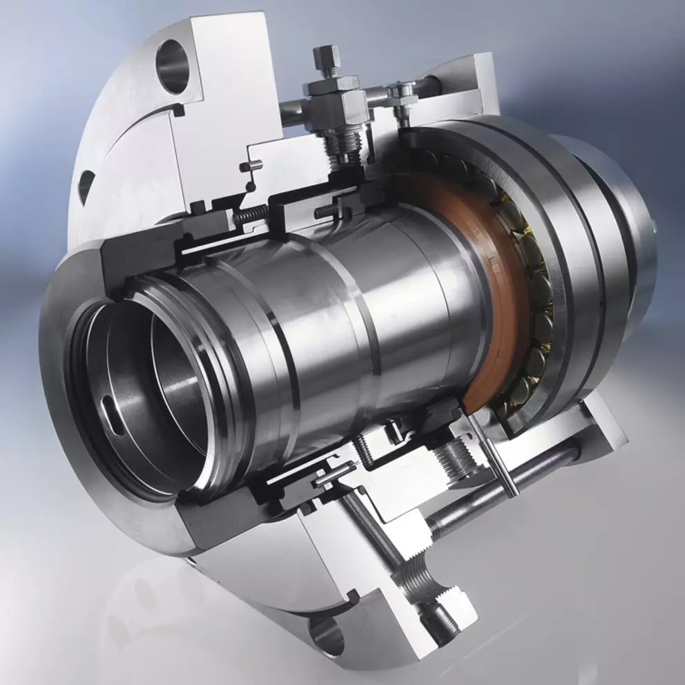 A cross-section view of a complex double mechanical seal, showing the internal components, including the rotating and stationary faces, springs, and sleeve, all enclosed within a metal cartridge housing.