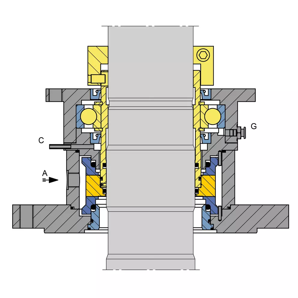 A colored cross-section diagram of an industrial mechanical seal housing, showing the central shaft surrounded by yellow and blue components, including a large ball bearing.